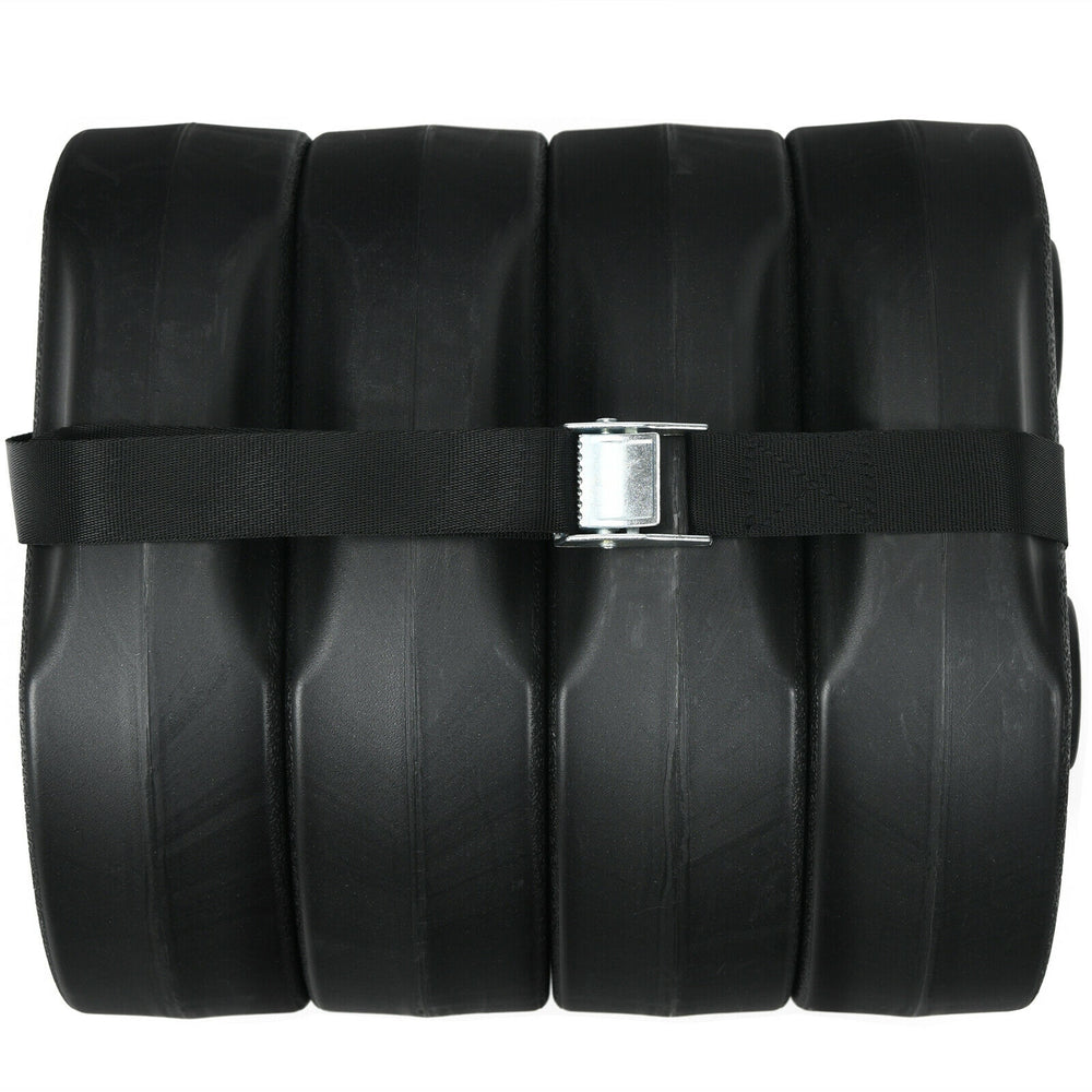 Set of 4 black canopy weights, 20lbs each, designed for secure stacking and outdoor use with no-pinch installation.