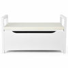 Shoe storage bench with removable cushion seat, white MDF construction, ideal for entryway organization.