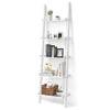 5-tier white wall-leaning ladder shelf with open storage for plants and books, ideal for minimalist home decor.