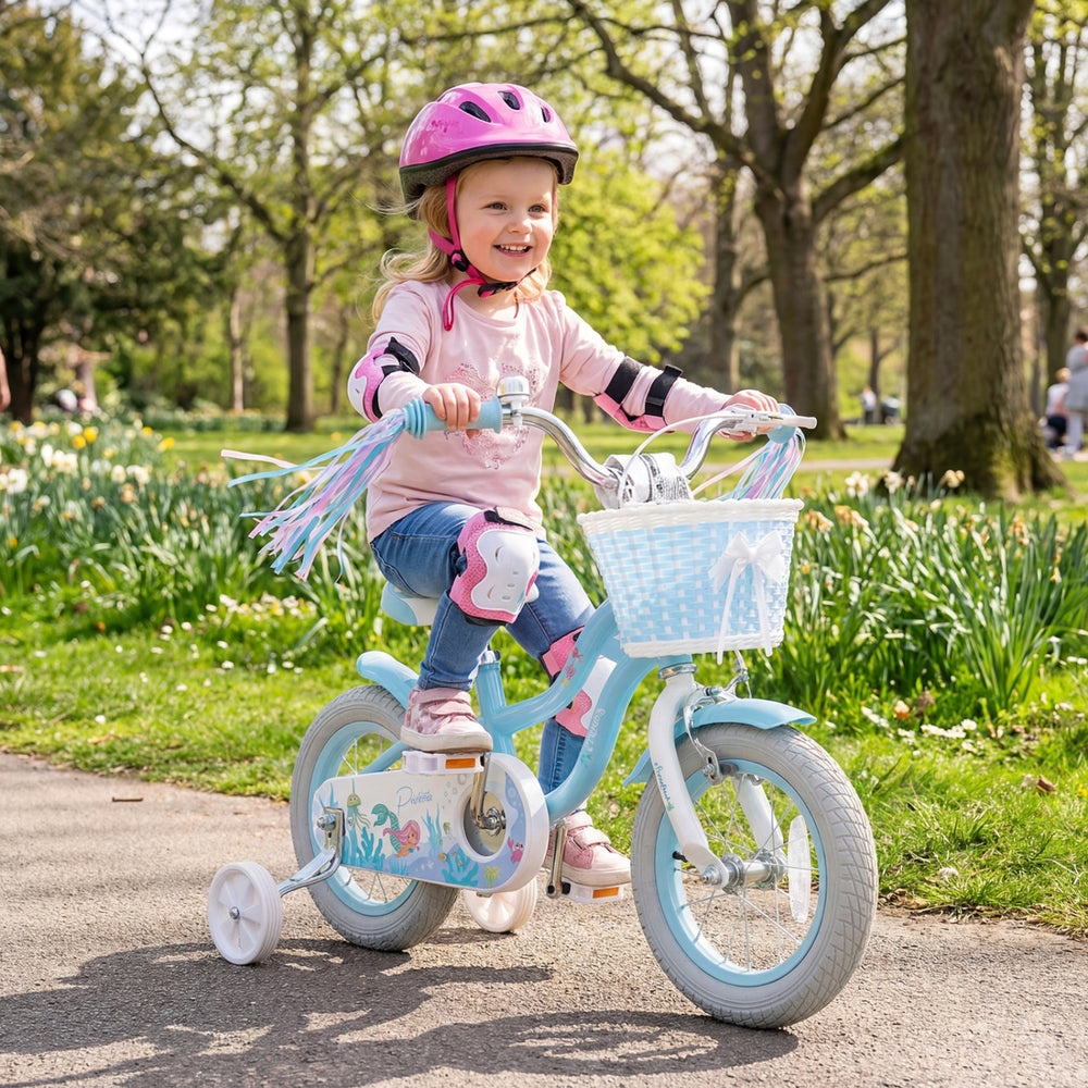 Kids' 12-inch bike in blue with princess mermaid theme, adjustable seat, basket, and colorful streamers for fun rides.