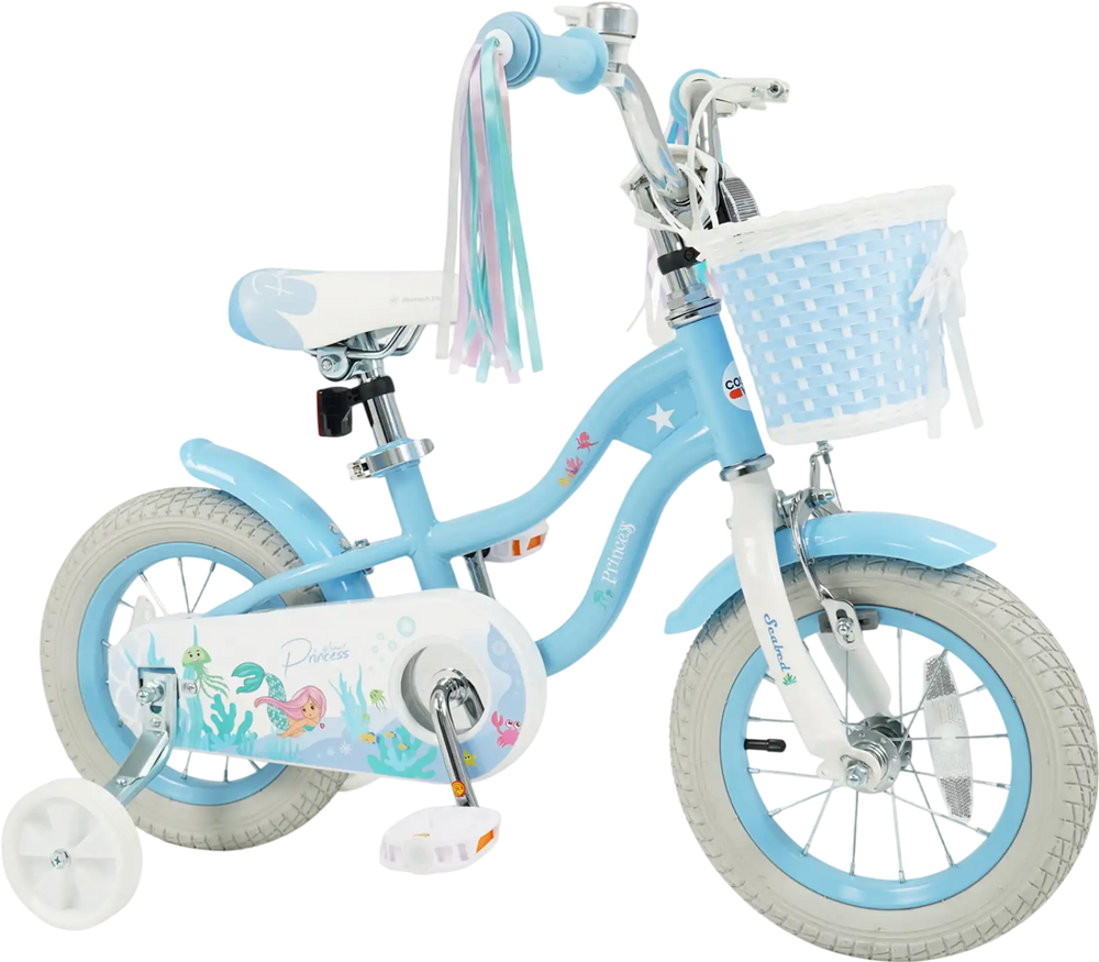 Blue 12-inch kids bike with Princess of the Sea theme, adjustable seat, basket, streamers, and training wheels for.