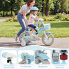 Kids bike with adjustable seat, blue mermaid theme, removable training wheels, and front basket for fun rides.