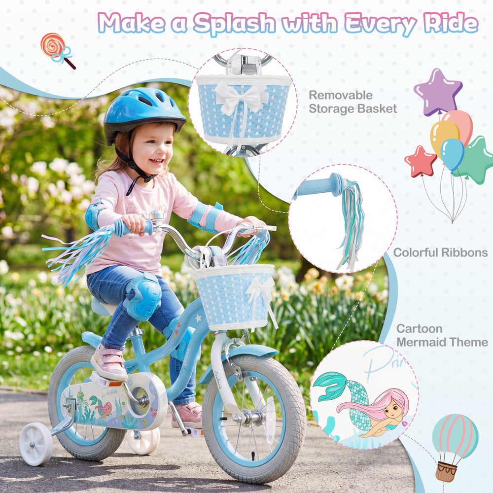 Kids bike with a cartoon mermaid theme, adjustable seat, removable basket, and colorful streamers for fun rides.