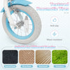 Textured pneumatic tires of the 12-inch kids bike in blue, suitable for various terrains like asphalt and grass.