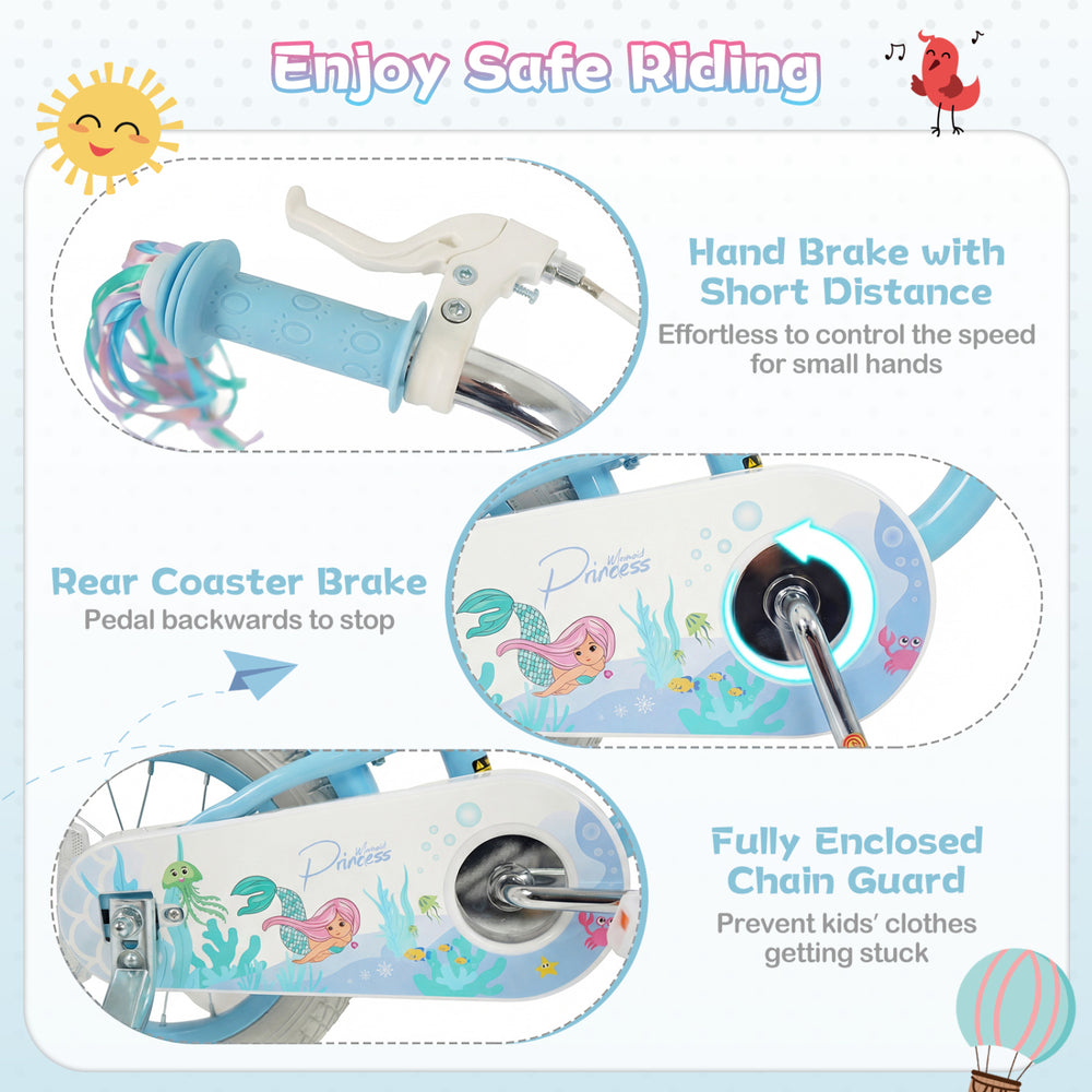Princess of the Sea themed kids bike with adjustable seat, hand brake, and enclosed chain guard for safe riding.
