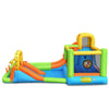 Colorful 8 in 1 inflatable water slide park with trampoline, climbing wall, and safety mesh for outdoor fun.