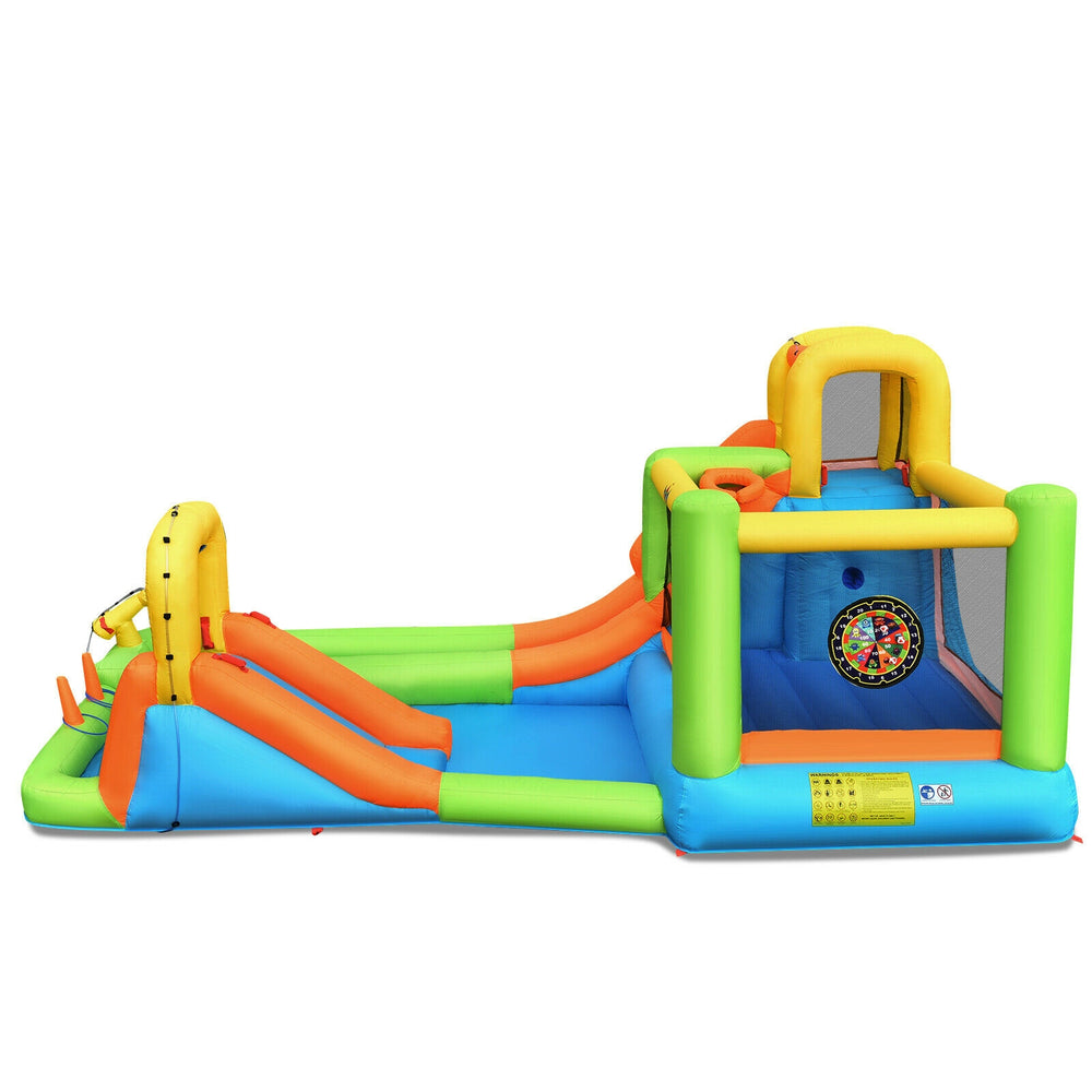 Colorful 8 in 1 inflatable water slide park with trampoline, climbing wall, and safety mesh for outdoor fun.