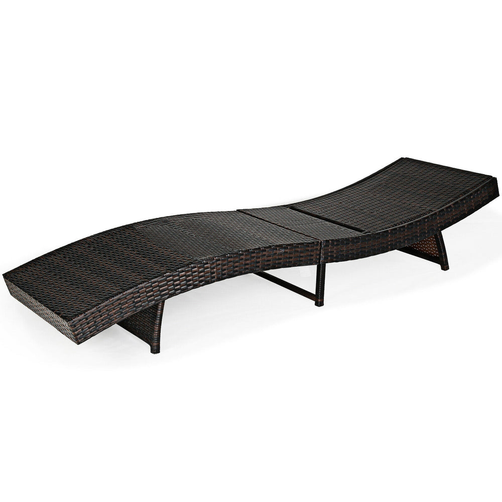 Curved patio folding adjustable rattan chaise lounge chair with turquoise cushion, perfect for garden or poolside.
