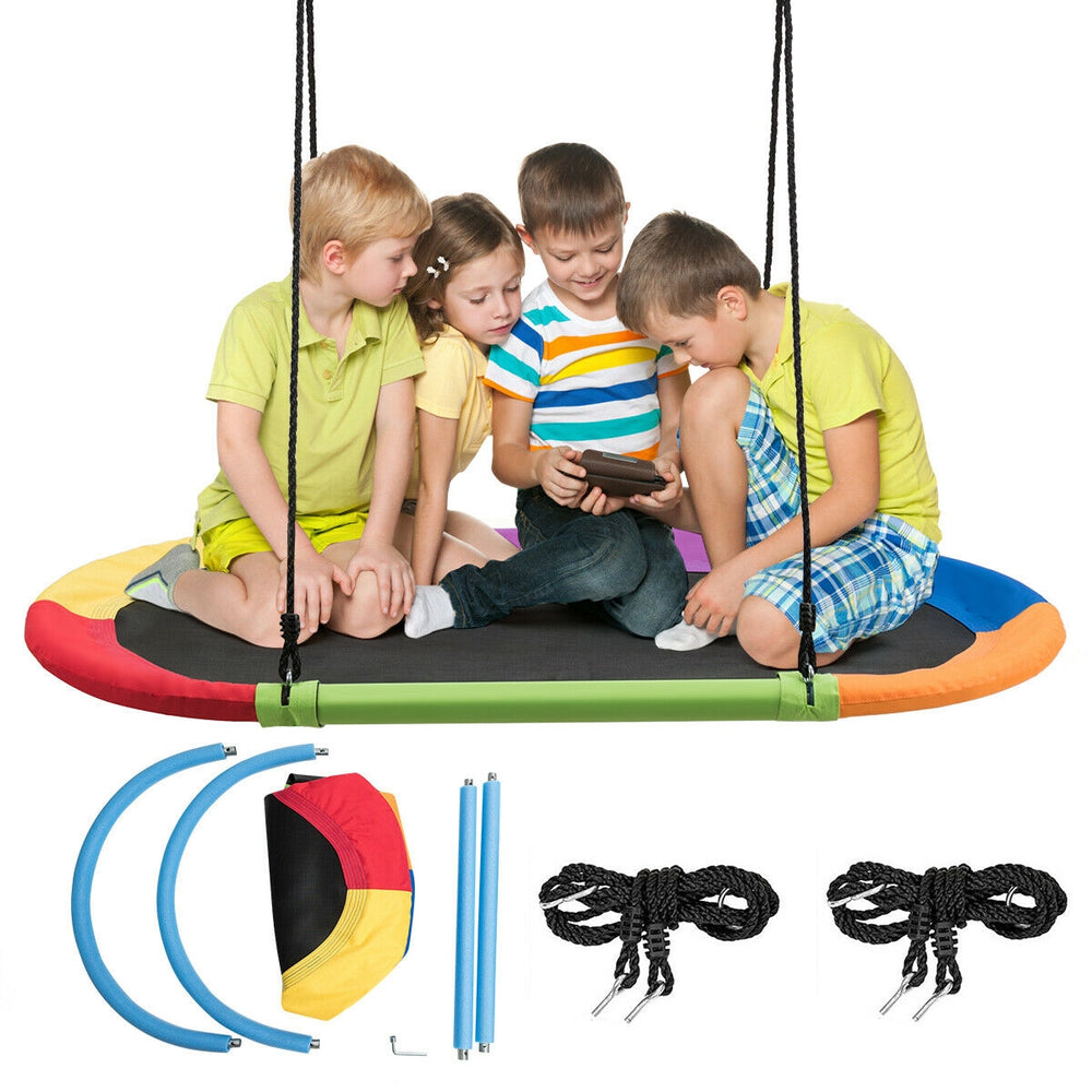 Colorful 60-inch saucer swing with adjustable ropes, designed for multiple children to play together outdoors.