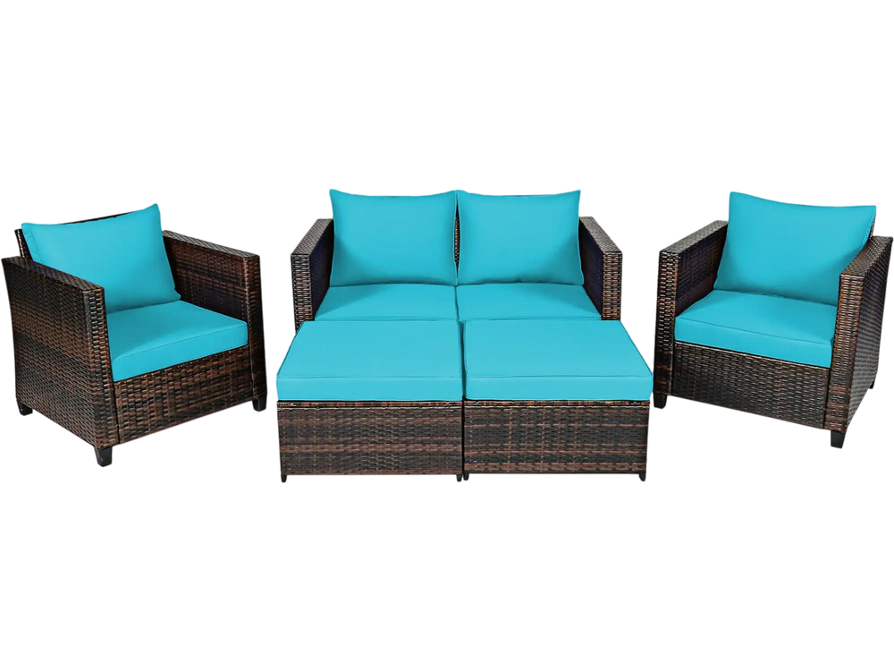 5-piece patio cushioned rattan furniture set in turquoise, featuring a loveseat, 2 sofas, and 2 ottomans for outdoor.