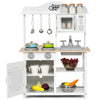 Wooden pretend play kitchen set for kids featuring a sink, stove, and accessories, perfect for imaginative role-playing.