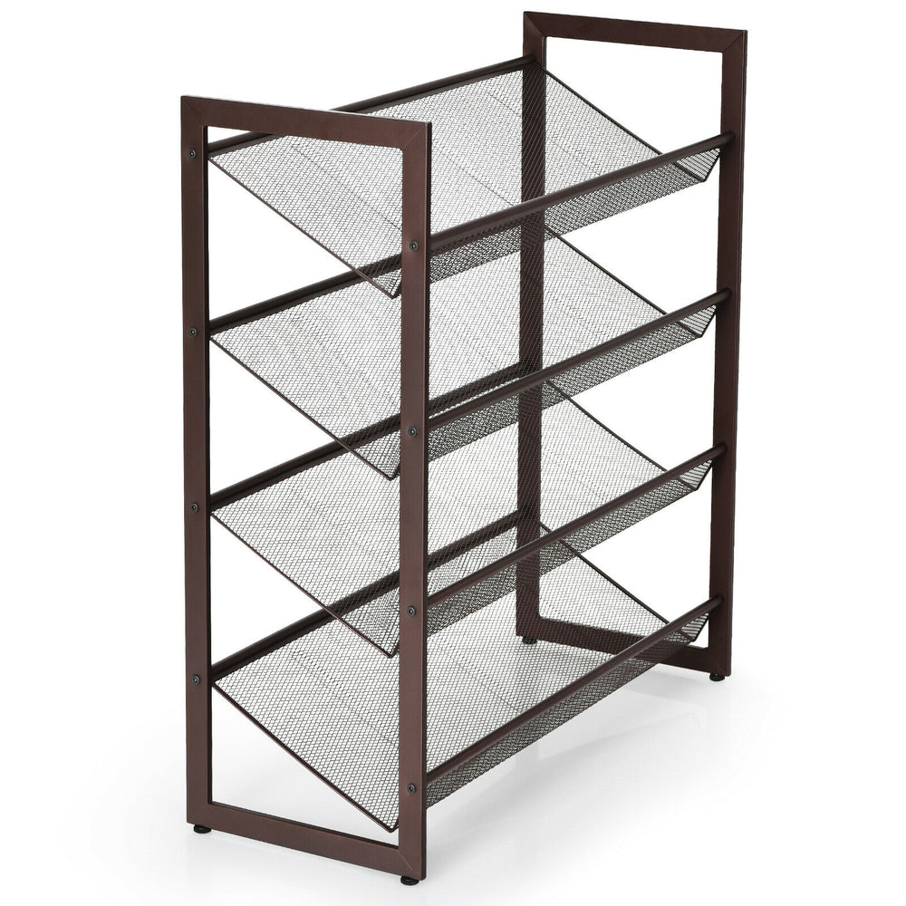 4-tier metal shoe rack featuring a sturdy frame and breathable mesh shelves, designed for compact storage in narrow.