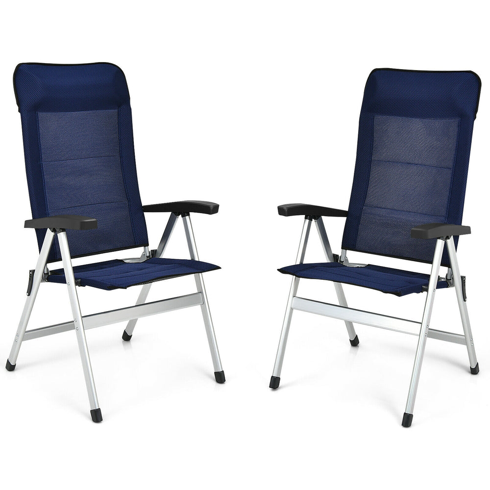 Two blue patio dining chairs with adjustable backrests, made of aluminum and iron, designed for comfort and.