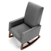 Gray rocking high back upholstered lounge armchair with solid rubberwood base and convenient side pocket for storage.