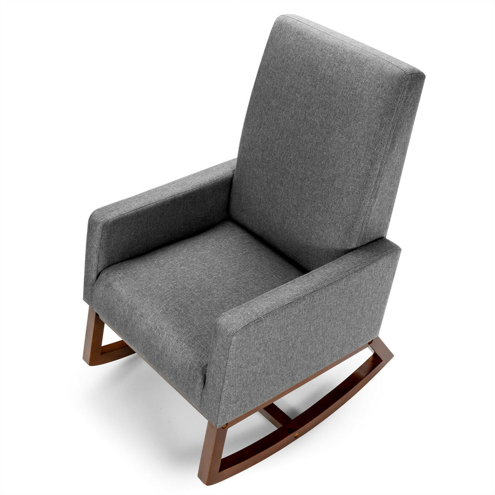 Gray rocking high back upholstered lounge armchair with solid rubberwood base and convenient side pocket for storage.