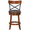 Single swivel bar stool featuring a rubber wood base, cushioned seat, and curved backrest for enhanced ergonomic.