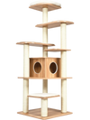 Tall 7-layer wooden cat tree with sisal posts, featuring a condo and removable mats for easy cleaning and cat activity.