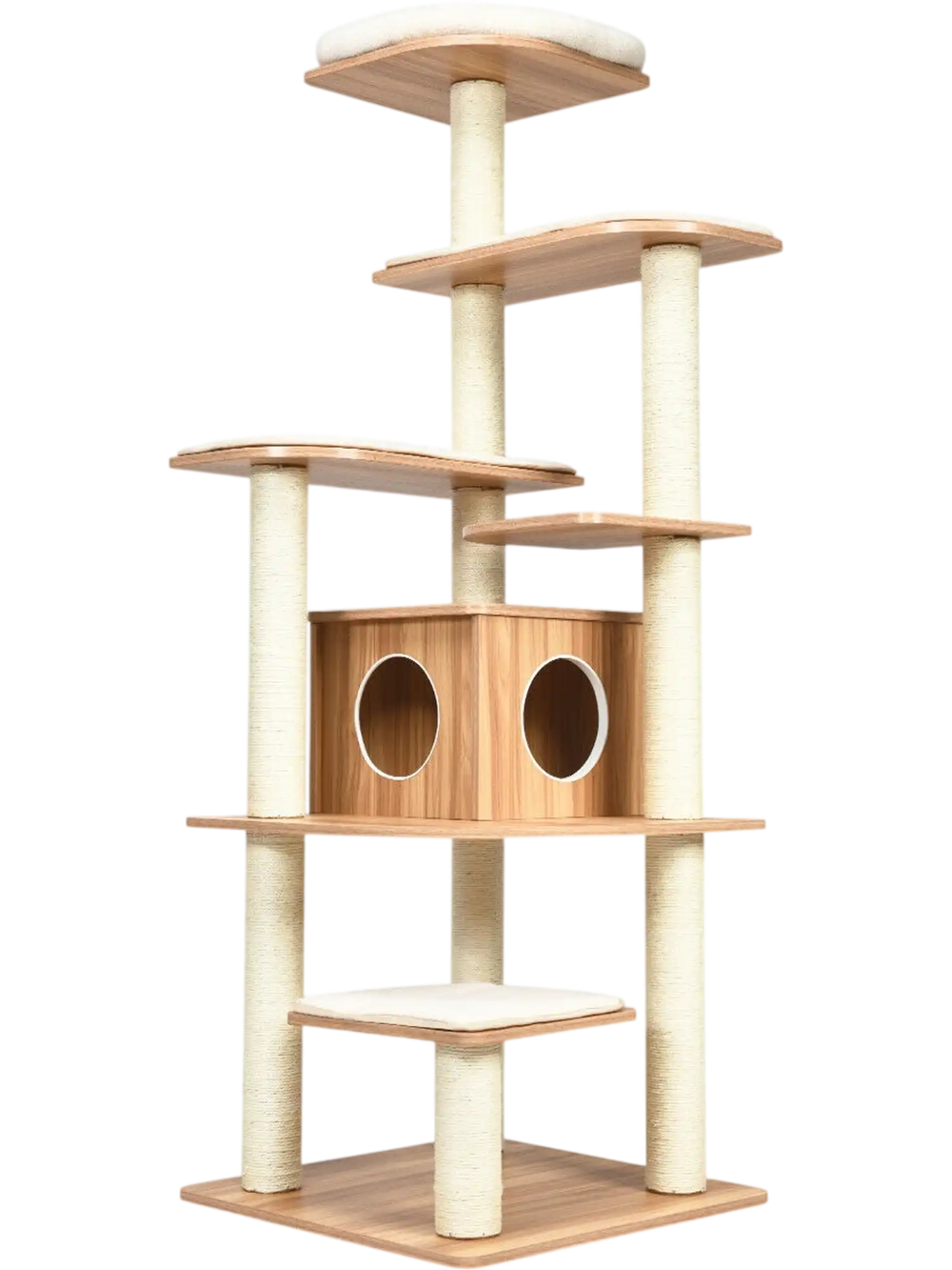 Tall 7-layer wooden cat tree with sisal posts, featuring a condo and removable mats for easy cleaning and cat activity.