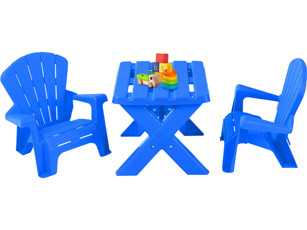 Blue 3-piece plastic children table and chair set with two chairs, ideal for arts, crafts, and playtime activities.