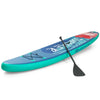 10-foot inflatable stand-up paddle board with non-slip deck, aluminum paddle, and bungee cords for water activities.