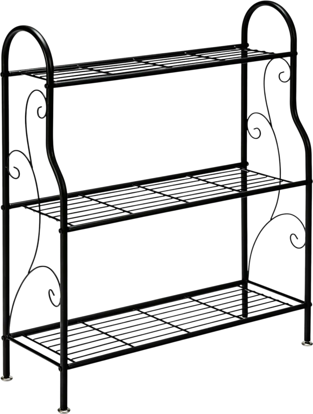 3-tier black metal plant stand with scrollwork design, sturdy iron construction, perfect for organizing plants and.