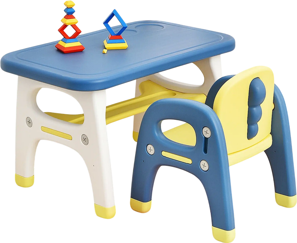 Kids activity table and chair set in blue with ergonomic design, storage rack, and included Montessori toys for.