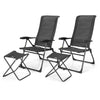 Adjustable gray patio chairs with matching ottoman, featuring a foldable design for easy storage and transport.
