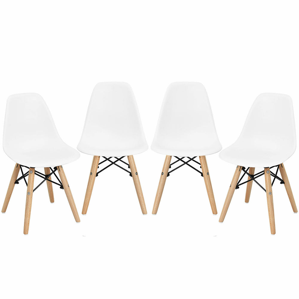 Set of four mini-sized white DSW dining chairs for kids with sturdy beech legs, perfect for playrooms and nurseries.