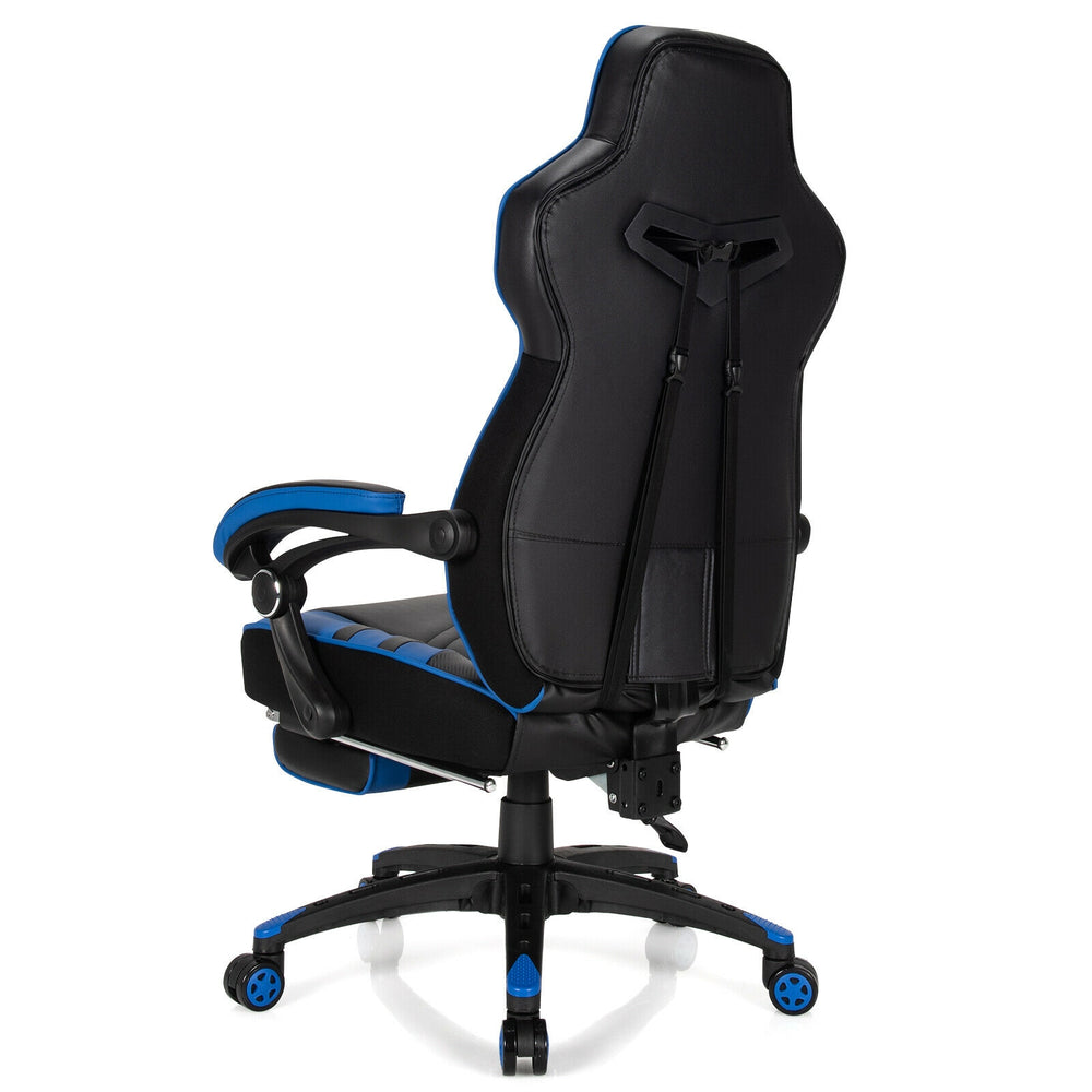 Adjustable gaming chair in blue with retractable footrest, ergonomic design, and sturdy construction for home office.