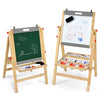 Kids art easel featuring a double-sided chalkboard and whiteboard, adjustable height, and foldable design for easy.