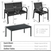 Dimensions of the 4-piece black patio furniture set, including measurements for the loveseat, chairs, and coffee table.