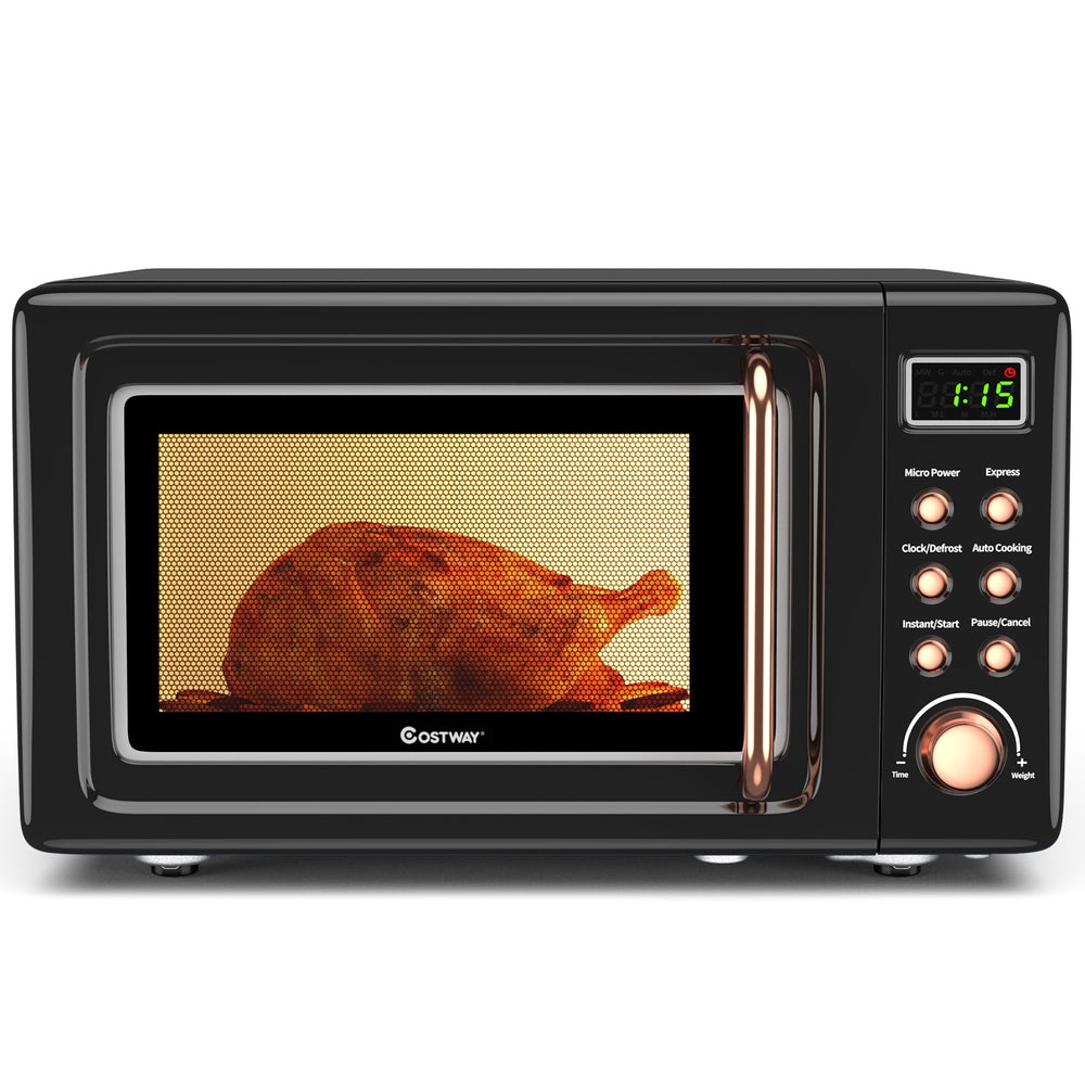 Retro countertop microwave oven with 5 power levels and 360° rotating turntable, perfect for small apartments and dorms.