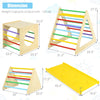Kids triangle climber play gym set with dimensions, featuring sturdy wood, colorful ramps, and multifunctional design.