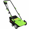 Electric scarifier with collection bag, 12 Amp motor, and adjustable depth for efficient lawn care and debris removal.