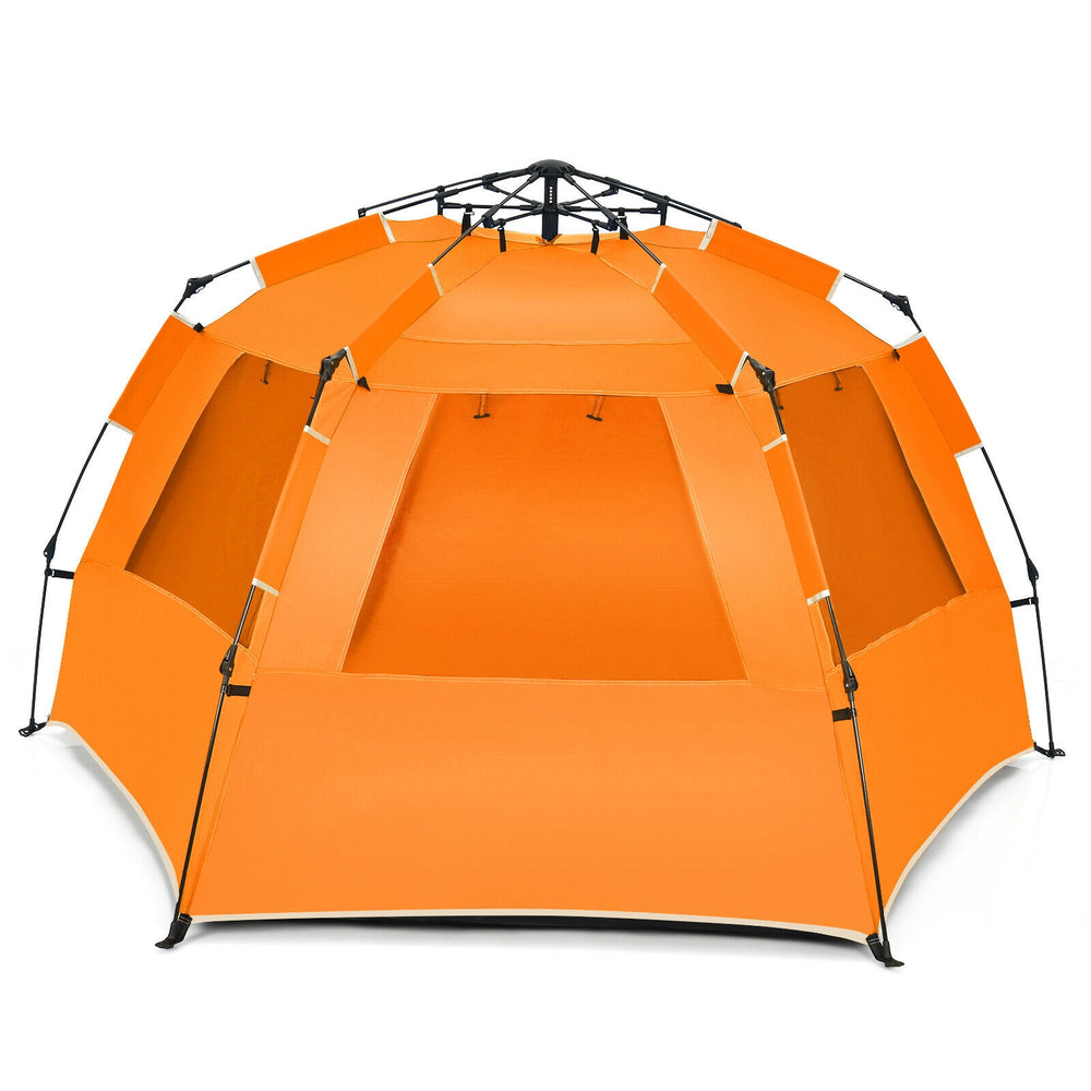Orange 3-4 person pop-up beach tent with UPF 50+ sun protection and large front porch for family relaxation.