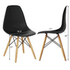 Black Mid-Century Modern DSW dining side chair with wood legs, featuring ergonomic design and dimensions of 32" height.