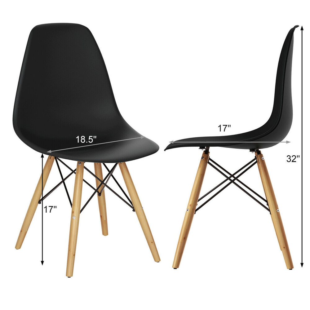 Black Mid-Century Modern DSW dining side chair with wood legs, featuring ergonomic design and dimensions of 32" height.