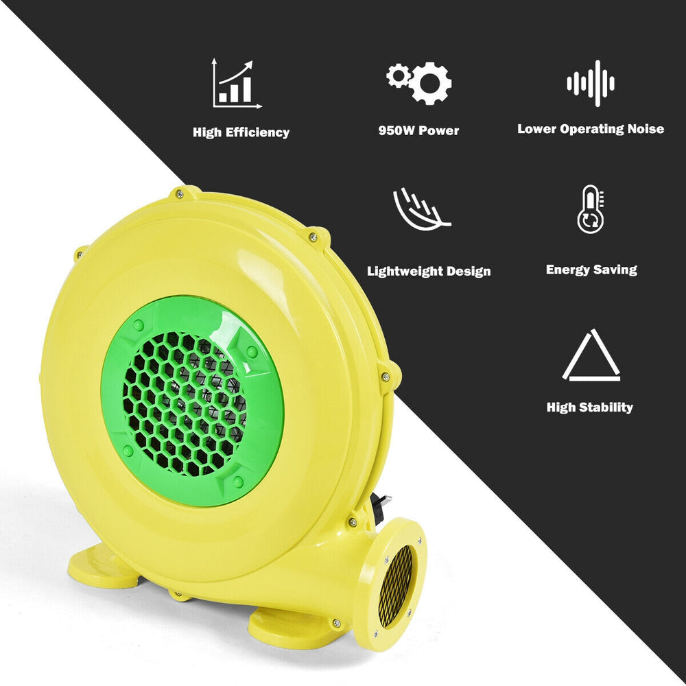 Yellow 735W blower for inflatable water park bounce house, designed for high efficiency and energy saving.