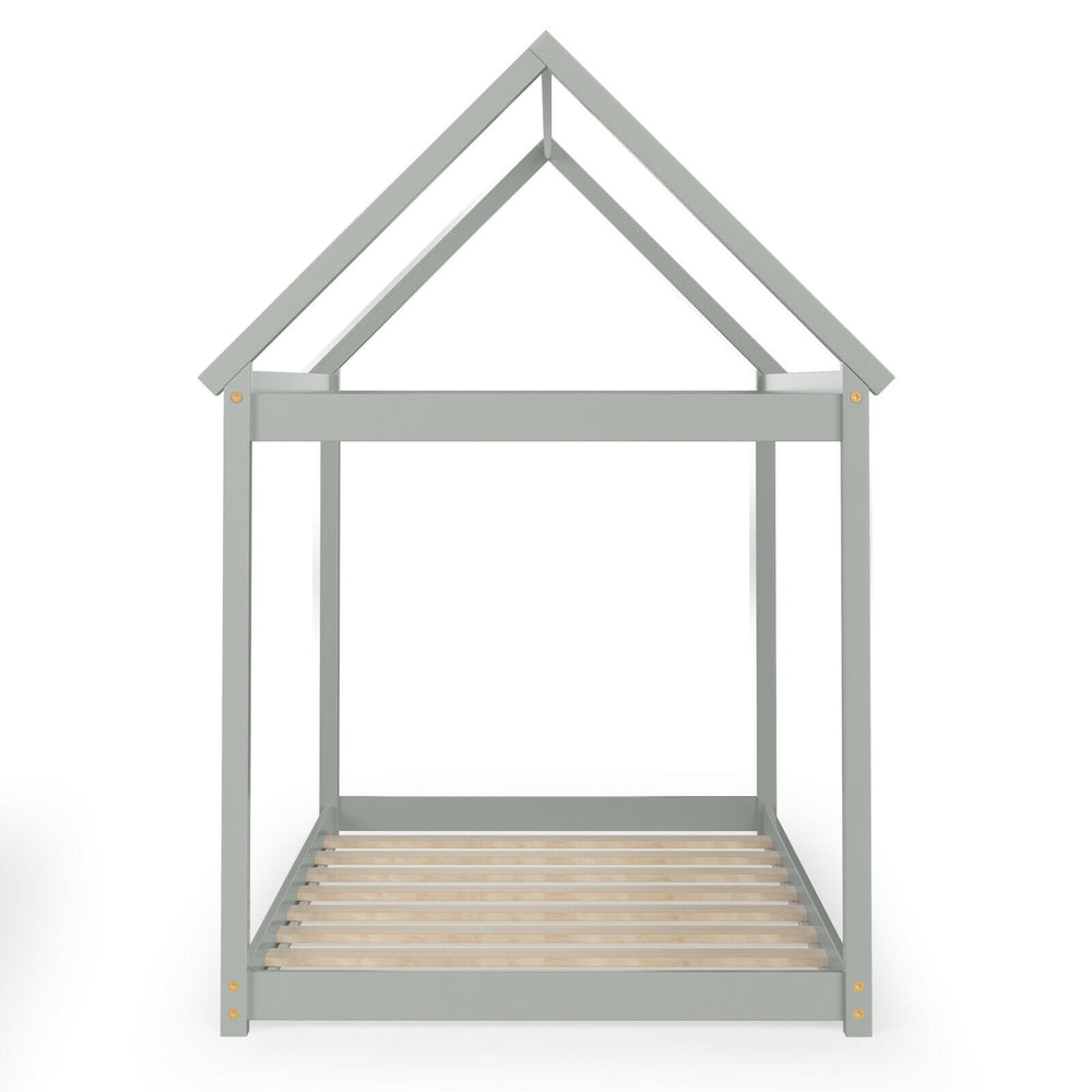 Gray Stable Kids Platform Floor Bed with roof, sturdy wooden frame, and heavy-duty slats for toddlers to teens.