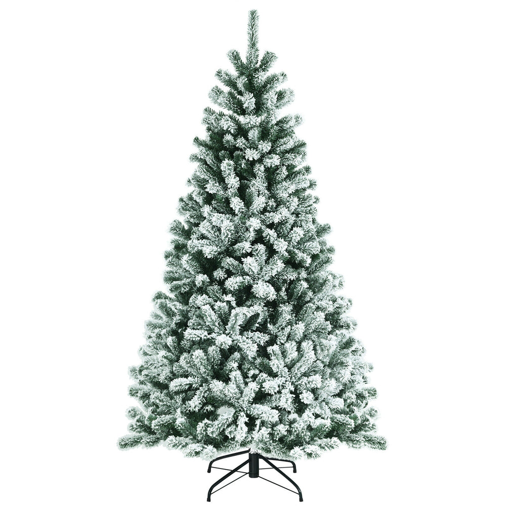 6-foot snow-flocked Christmas tree with 928 tips and metal stand, featuring warm white lights for festive ambiance.