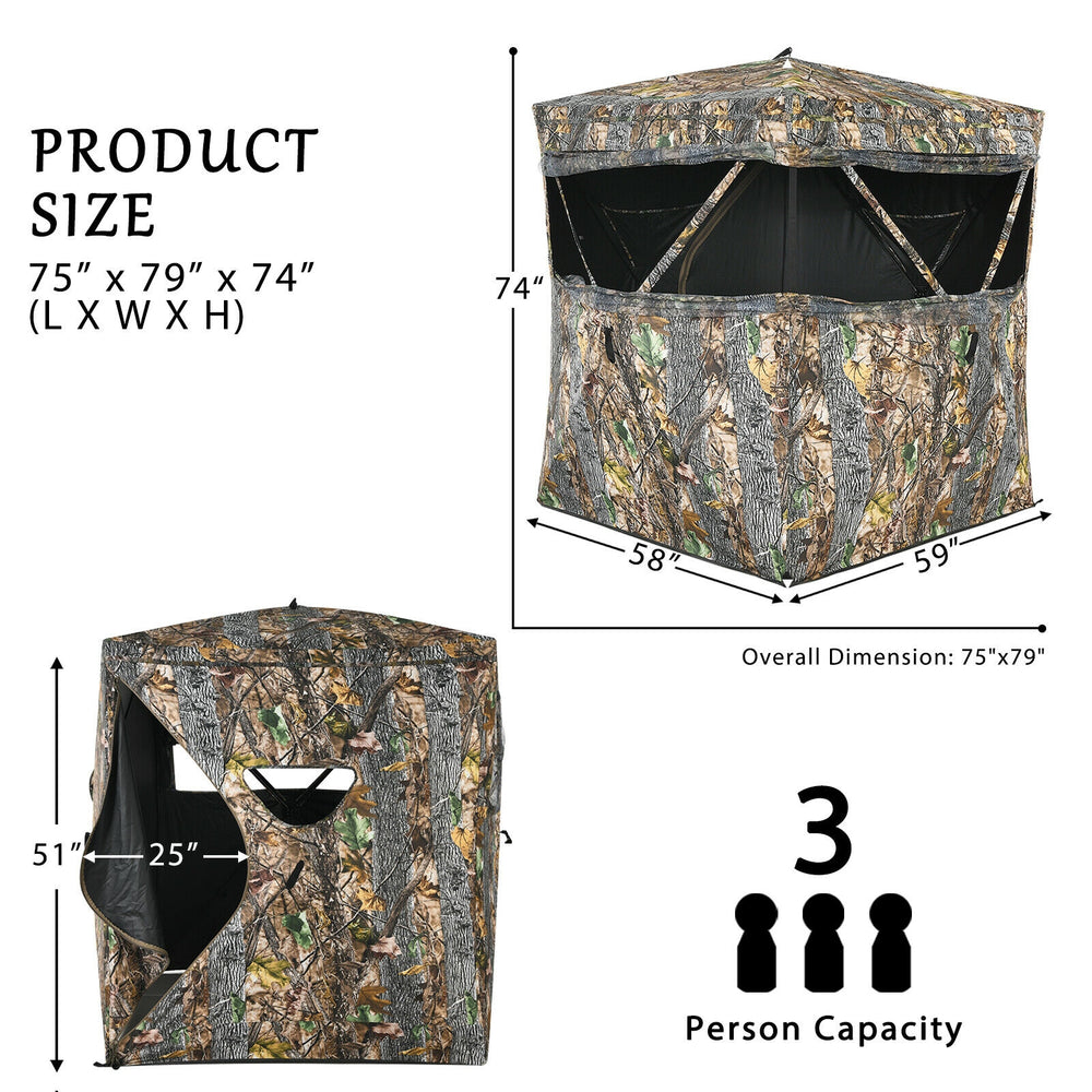 3 Person Portable Surround View Tent with camouflage design, featuring multiple windows and collapsible for easy.