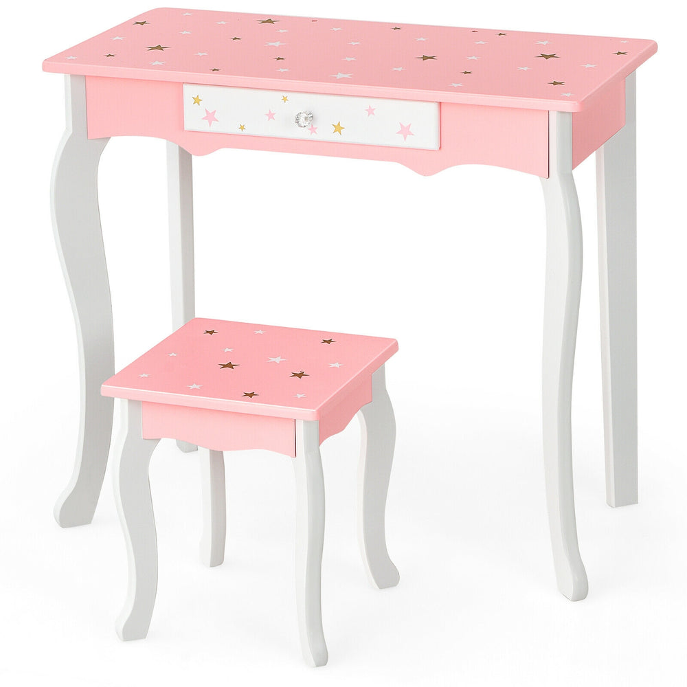 Kids pink vanity table and stool set with star patterns, tri-folding mirror, and drawer for fun and practical use.