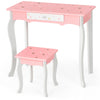 Kids pink vanity table and stool set with star patterns, tri-folding mirror, and drawer for fun and practical use.