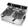 Dual tank electric countertop deep fryer with stainless-steel construction and separate temperature controls for.