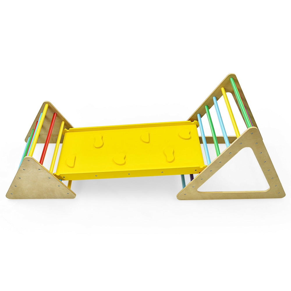 3-in-1 wooden triangle climber set with yellow ramp, designed for kids' motor skills and safe play, suitable for home.