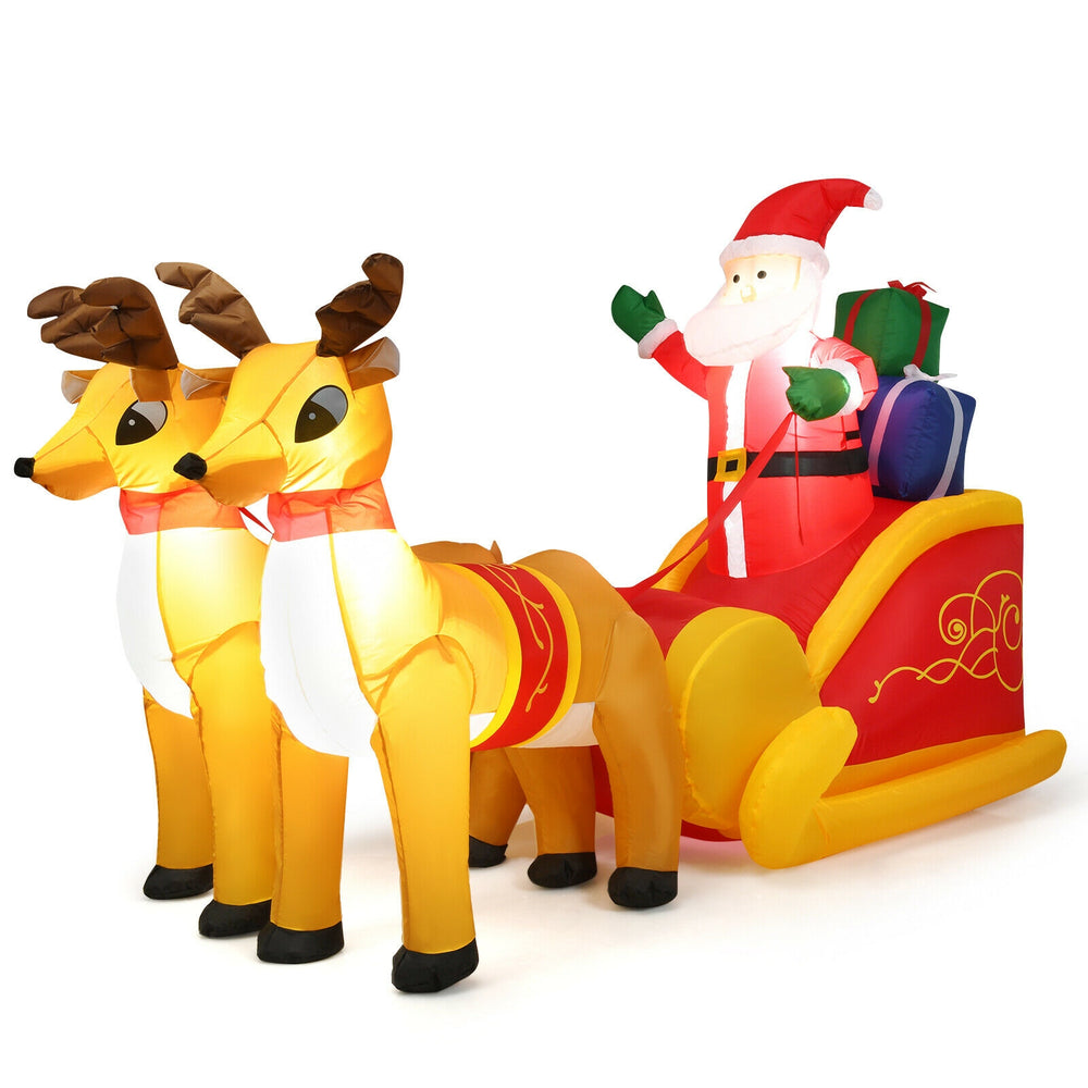 Inflatable 7.5 feet Santa with sled and double deer, waterproof with LED lights, perfect for outdoor Christmas.
