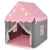Kids playhouse tent in pink with star lights, mesh windows, and a soft mat, perfect for indoor play and fun.