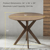 Round wood dining table with intersecting pedestal base, 36-inch diameter, sturdy design for home or café use.