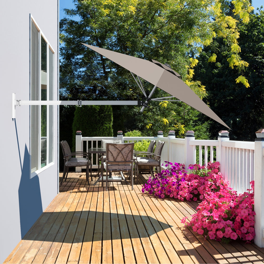 Wall-mounted 8ft telescopic folding umbrella in tan, featuring a durable aluminum frame and adjustable angle for.