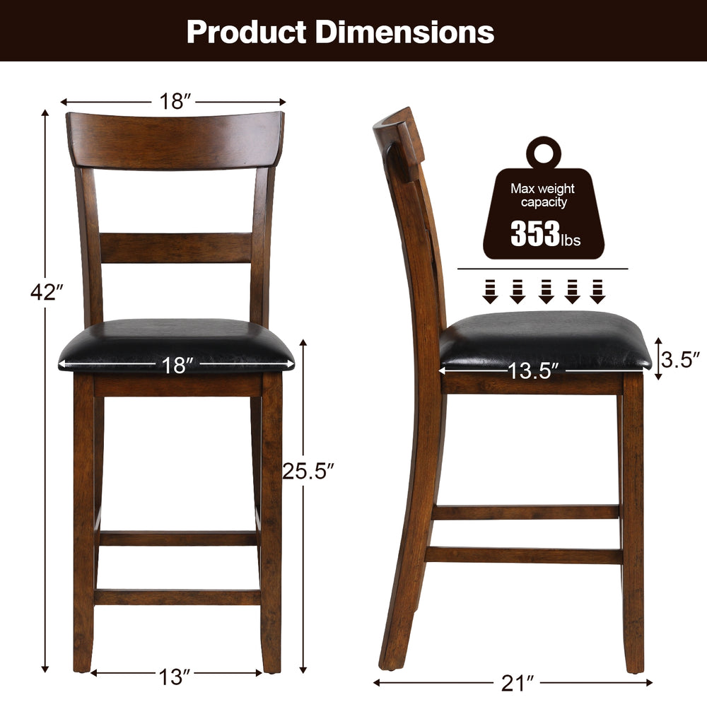 Counter height chair set with leather seat, rubber wood legs, and curved backrest for comfort and support.